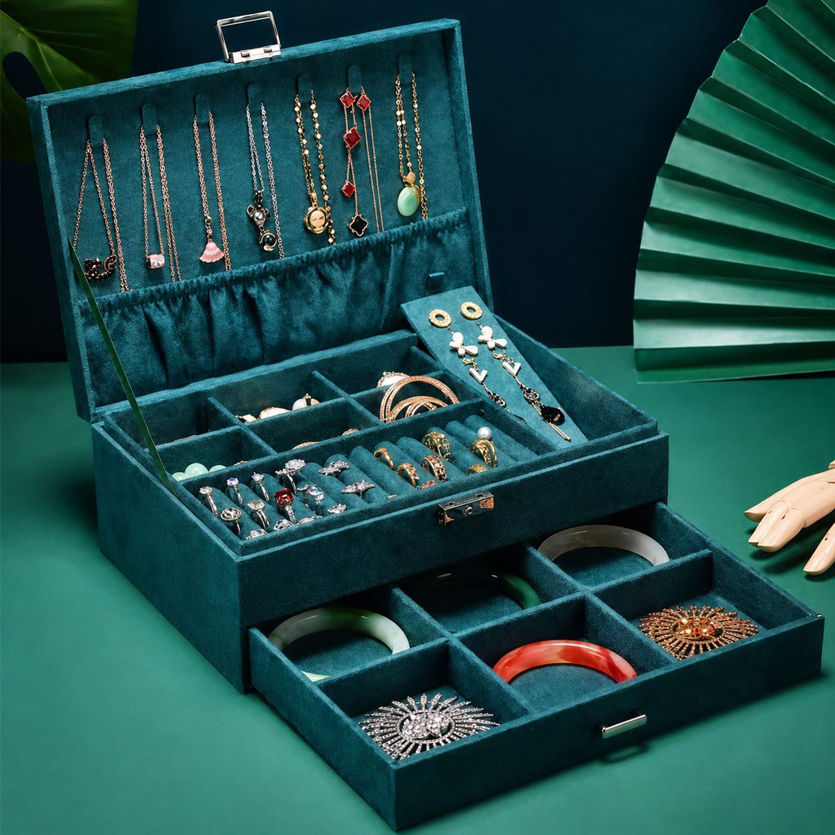 3 layer jwellery organizer green